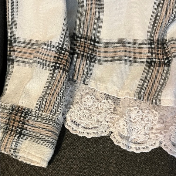 Plaid Button-Up Shirt with Lace Hem - Picture 3 of 5